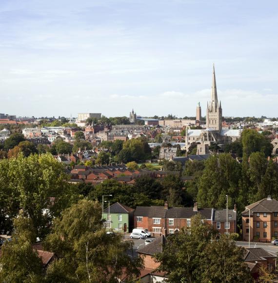 A view over the city of Norwich, in Norfolk, England