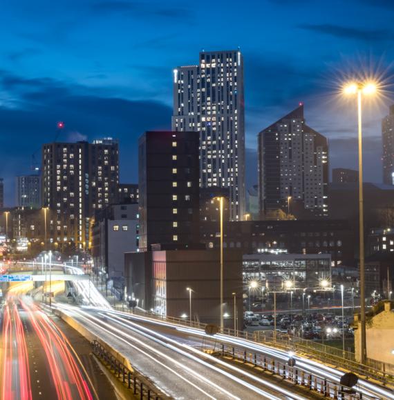 Cityscape night view of the Leeds skyline