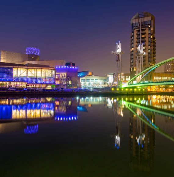 Salford Quays at night, Manchester, England, UK