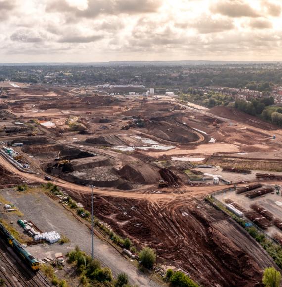 HS2 route and construction site running alongside current railway tracks near Washwood Heath on the outskirts of Birmingham