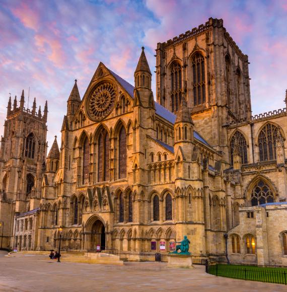 Wide angle view of York Minster at sunset in the city of York, Yorkshire