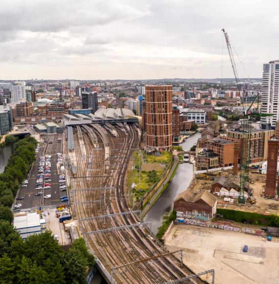 Aerial view of Leeds city centre and railway station