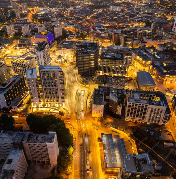 Aerial view over Birmingham city centre by night