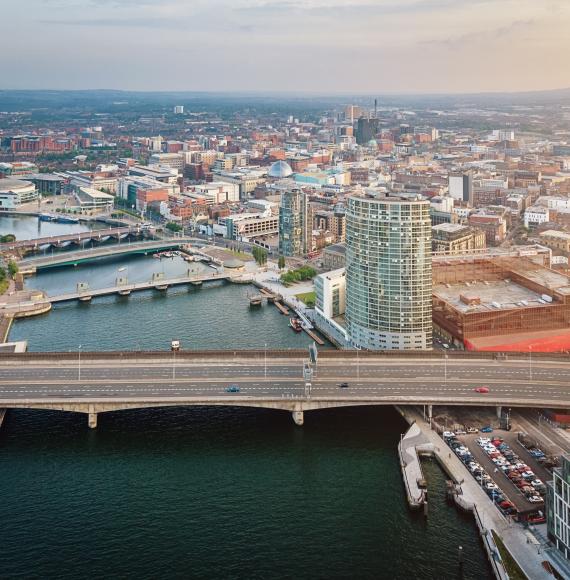 Aerial view over the City of Belfast along the River Lagan with Lagan Bridge in the foreground