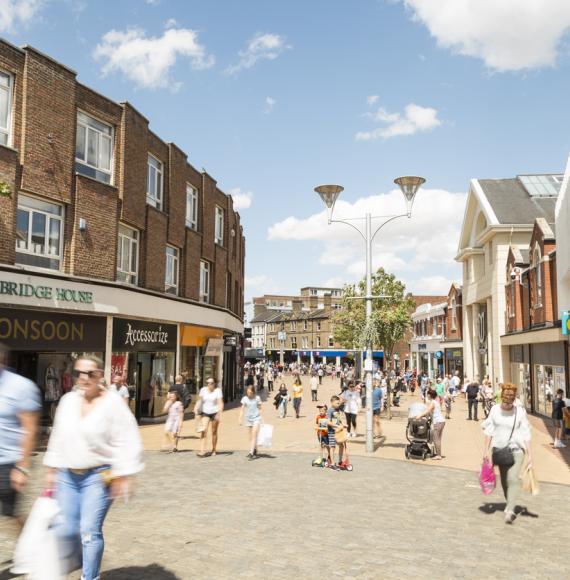 British people enjoying walk in sunny nice weekend on the Chelmsford High street