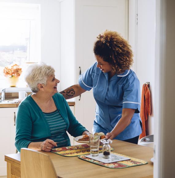 Care worker giving an old lady her dinner in her home.