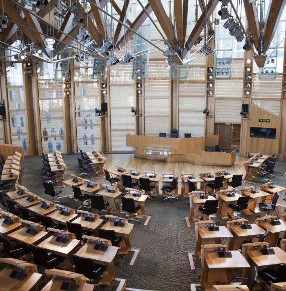 The main debating chamber of the Scottish Parliament building in Edinburgh