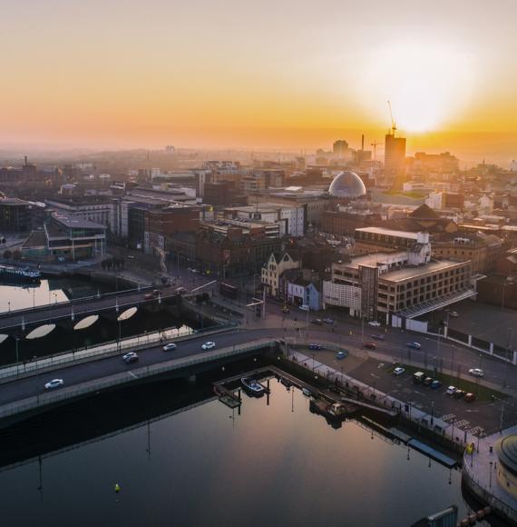 Belfast city centre at sunset