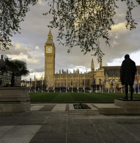 London skyline with the Palace of Westminster, the Houses of Parliament building including the Elizabeth Tower