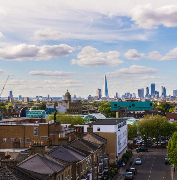 Residential area with flats in south London with a view of the city of London and its most iconic skyscrapers