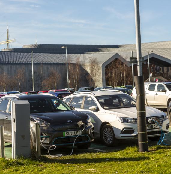 Cars charging electric at station in Glasgow, Scotland