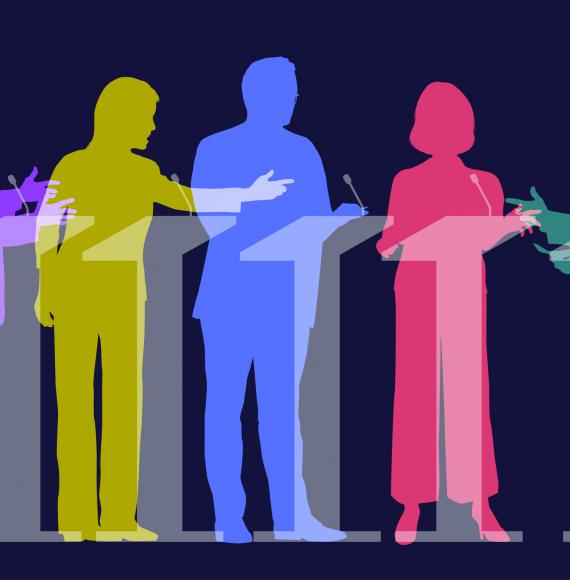 Colourful overlapping silhouettes of politicians during a TV Election Debate