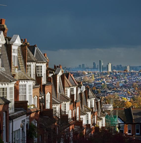 London houses with distant suburban terraces and apartment block