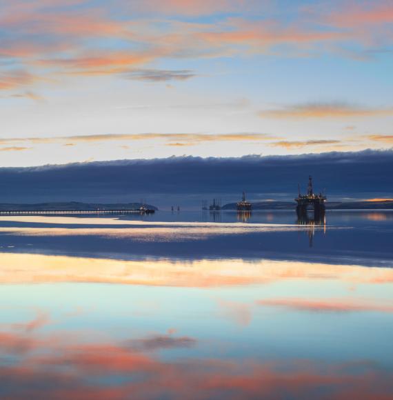 Semi Submersible Oil Rig during Sunrise at Cromarty Firth in Invergordon, Scotland