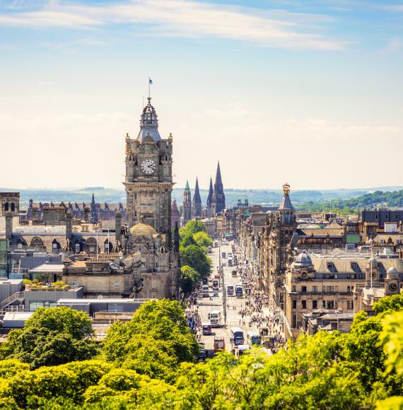 A high angle view over central Edinburgh, with Princes Street