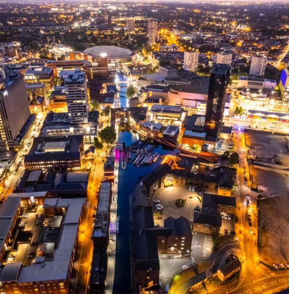 Aerial view of Birmingham City Centre at night