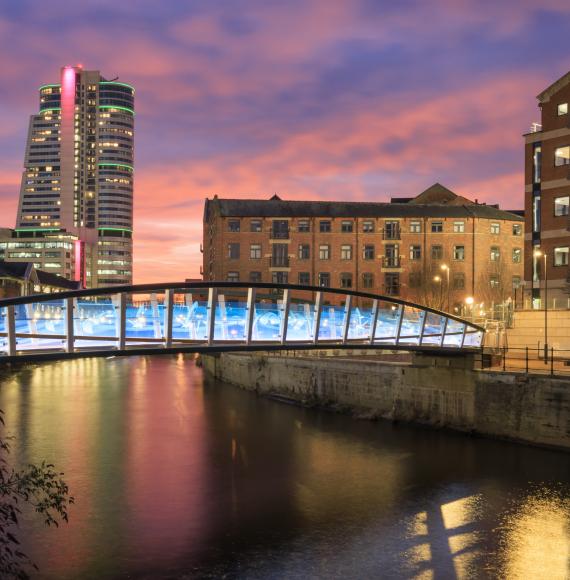 Leeds city centre at sunset.