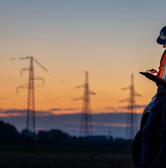An Engineer working near high voltage poles