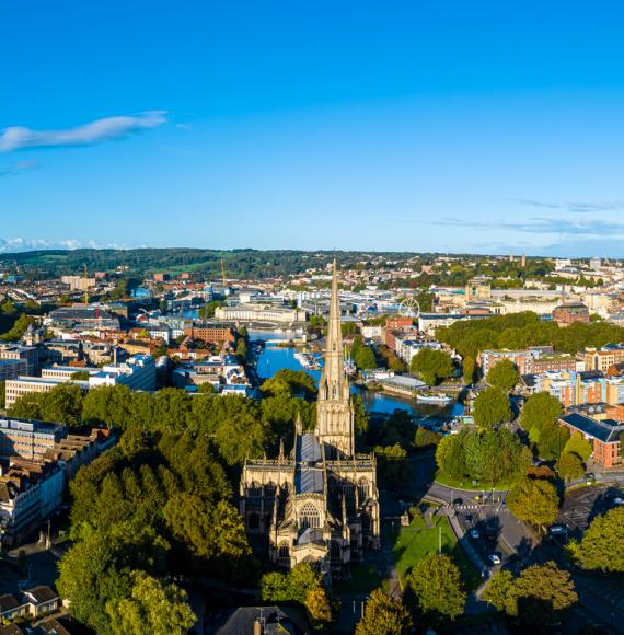 Aerial view of central Bristol in sunny morning