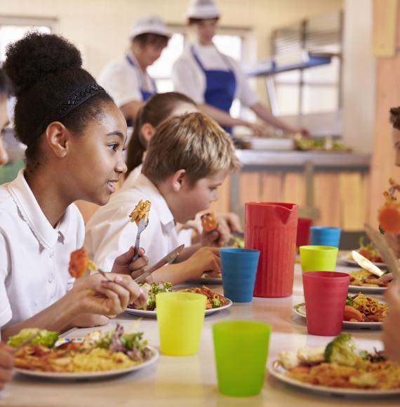 Primary school children eat lunch in school cafeteria