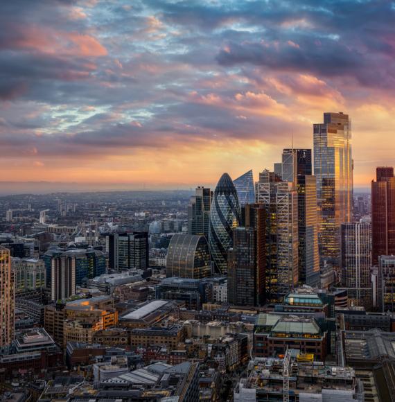 Sunset view of skyscrapers in London