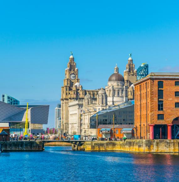 Skyline of Liverpool through albert dock
